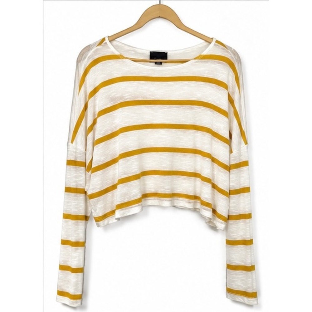 Lumiere Womens Mustard Yellow White Striped Long Sleeve Crop Top Slub Knit Small